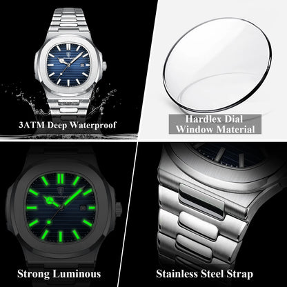 Montre-bracelet de luxe carrée POEDAGAR pour homme, étanche, lumineuse, date, en acier inoxydable, montre à quartz pour homme d'affaires et de sport