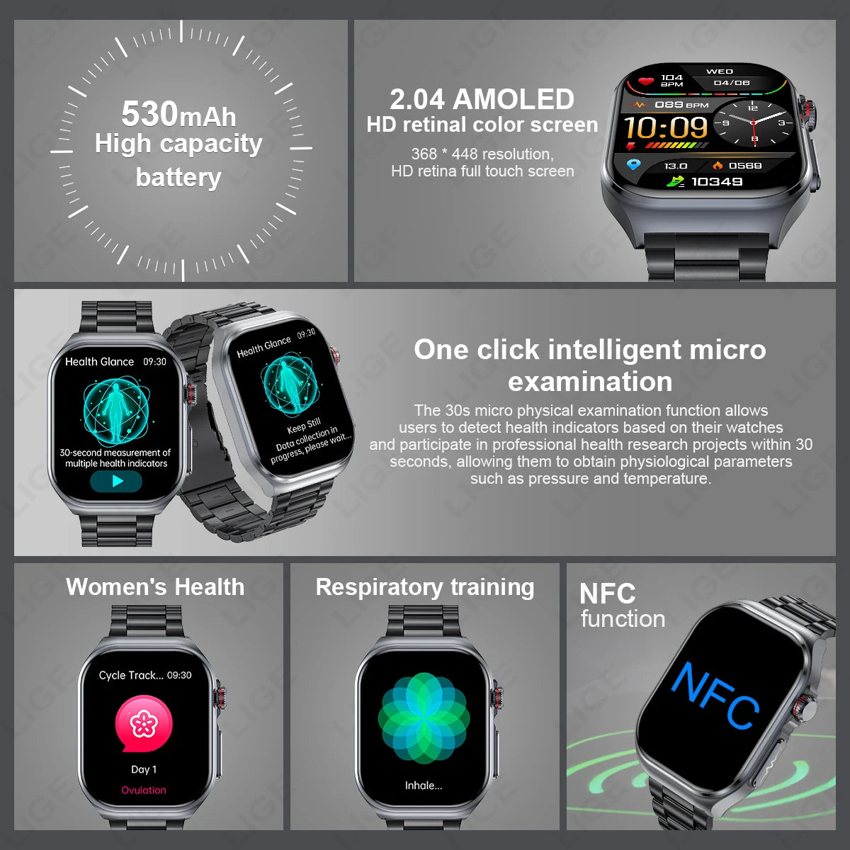 Montre intelligente LIGE AMOLED ET585 pour hommes avec ECG, surveillance de la composition sanguine, appels Bluetooth, suivi de la condition physique pour femmes, smartwatch.