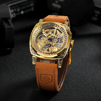 Forsining Royal Retro Skeleton Automatic Mechanical Watch for Men Leather Strap Business Casual Mens Watches Top Brand Gifts New