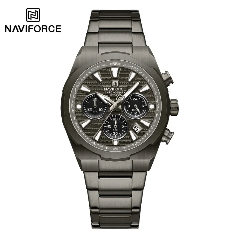 Montre-bracelet à quartz NAVIFORCE pour homme, multifonctionnelle, avec calendrier, chronomètre, lumineuse, étanche 30 ATM, bracelet en acier inoxydable