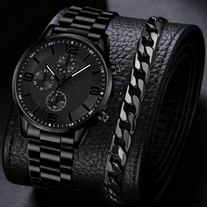 2/4PCS Men's Watch Set Business Trend Fashion Classic Three Eye Quartz Watch Bracelet Necklace Ring Set Perfect Gift