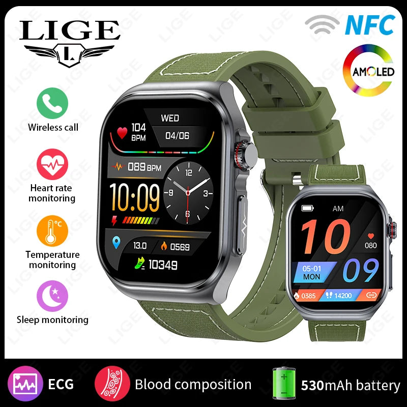 Montre intelligente LIGE AMOLED ET585 pour hommes avec ECG, surveillance de la composition sanguine, appels Bluetooth, suivi de la condition physique pour femmes, smartwatch.