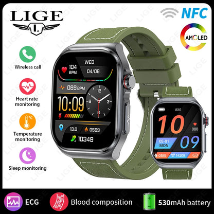 Montre intelligente LIGE AMOLED ET585 pour hommes avec ECG, surveillance de la composition sanguine, appels Bluetooth, suivi de la condition physique pour femmes, smartwatch.
