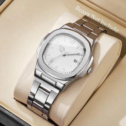 Montre de Luxe pour Homme, Cadran Carré Tendance, Bracelet en Acier Inoxydable, Mouvement à Quartz avec Calendrier (Sans Boîte)