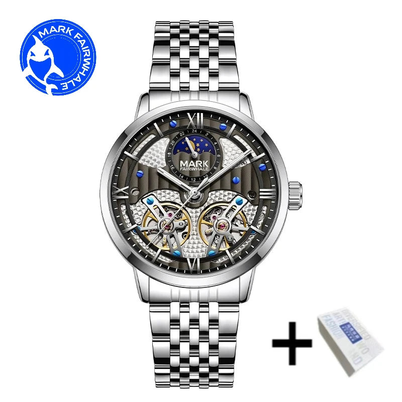 Mark Fairwhale 6023 Luxury Quartz Steel Strip Automatic Movement Watch Waterproof Double Tourbillon Moonphase Watches for Men