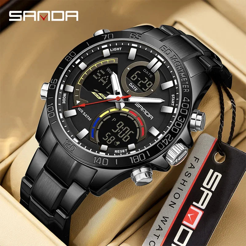 SANDA Dual Display Dual Movement Stainless Steel Watch