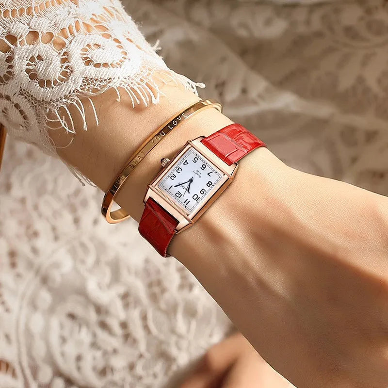 Montre-Bracelet Femme Luxe Métal Or Rose Carré Dames Quartz Rectangle Cuir Rouge Horloge Féminine