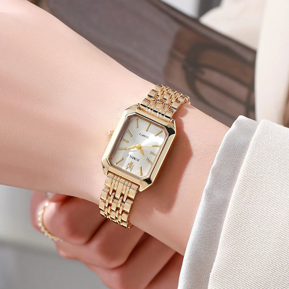 Montres Femme Rectangulaires à la Mode Dames Montres-Bracelets à Quartz à Bracelet en Acier Inoxydable Reloj Mujer (Sans Boîte)