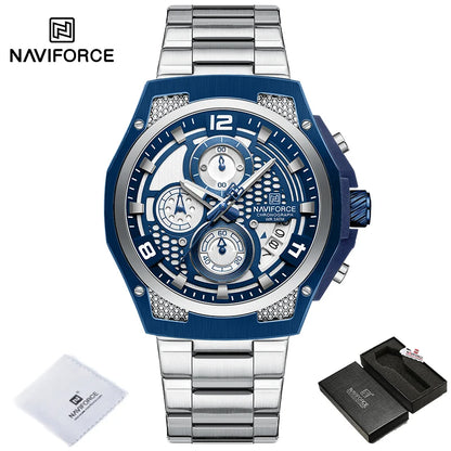 Montres Homme Sport Décontractées Marque NAVIFORCE Chronographe à Quartz Multifonction avec Affichage de la Date Bracelet en Acier Montre-Bracelet Reloj Hombre