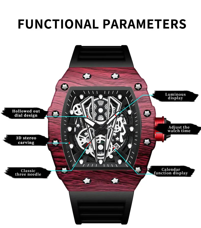 BINBOND Marque Homme Montre Tonneau Dominant Miroir Courbe Surface Creuse Sports Homme Montre-Bracelet Quartz en Silicone B8577