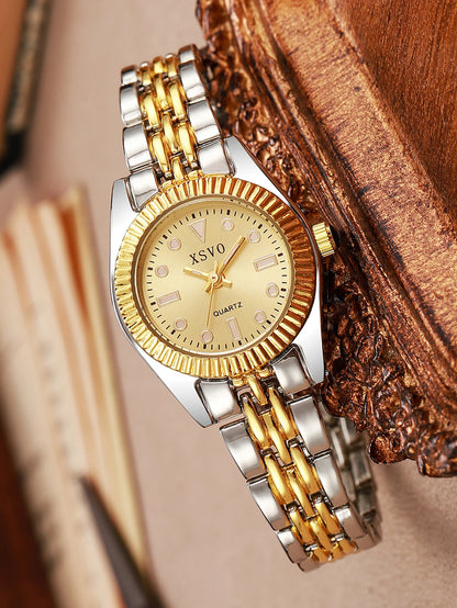 Luxury Two-Tone Women's Watch, Fluted Bezel Date Dial, Stainless Steel Bracelet, Elegant Quartz Timepiece for Business & Daily W