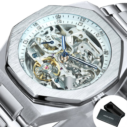 Montre automatique Forsining argentée pour homme, cadran 3D diamant, tourbillon irrégulier, squelette, mécanique, bracelets lumineux, horloge