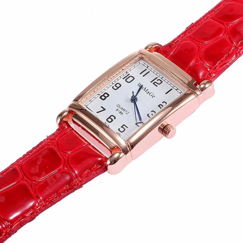 Montre-Bracelet Femme Luxe Métal Or Rose Carré Dames Quartz Rectangle Cuir Rouge Horloge Féminine