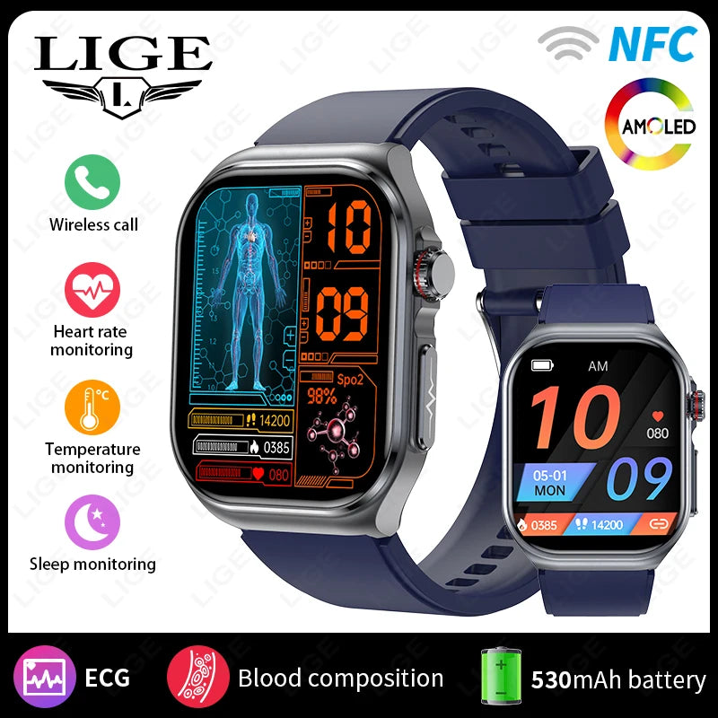Montre intelligente LIGE AMOLED ET585 pour hommes avec ECG, surveillance de la composition sanguine, appels Bluetooth, suivi de la condition physique pour femmes, smartwatch.