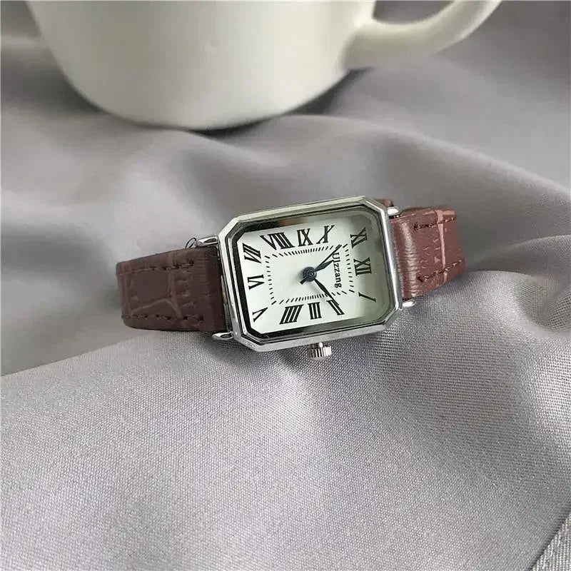 Women's rectangle watch with leather strap and vintage-inspired dial