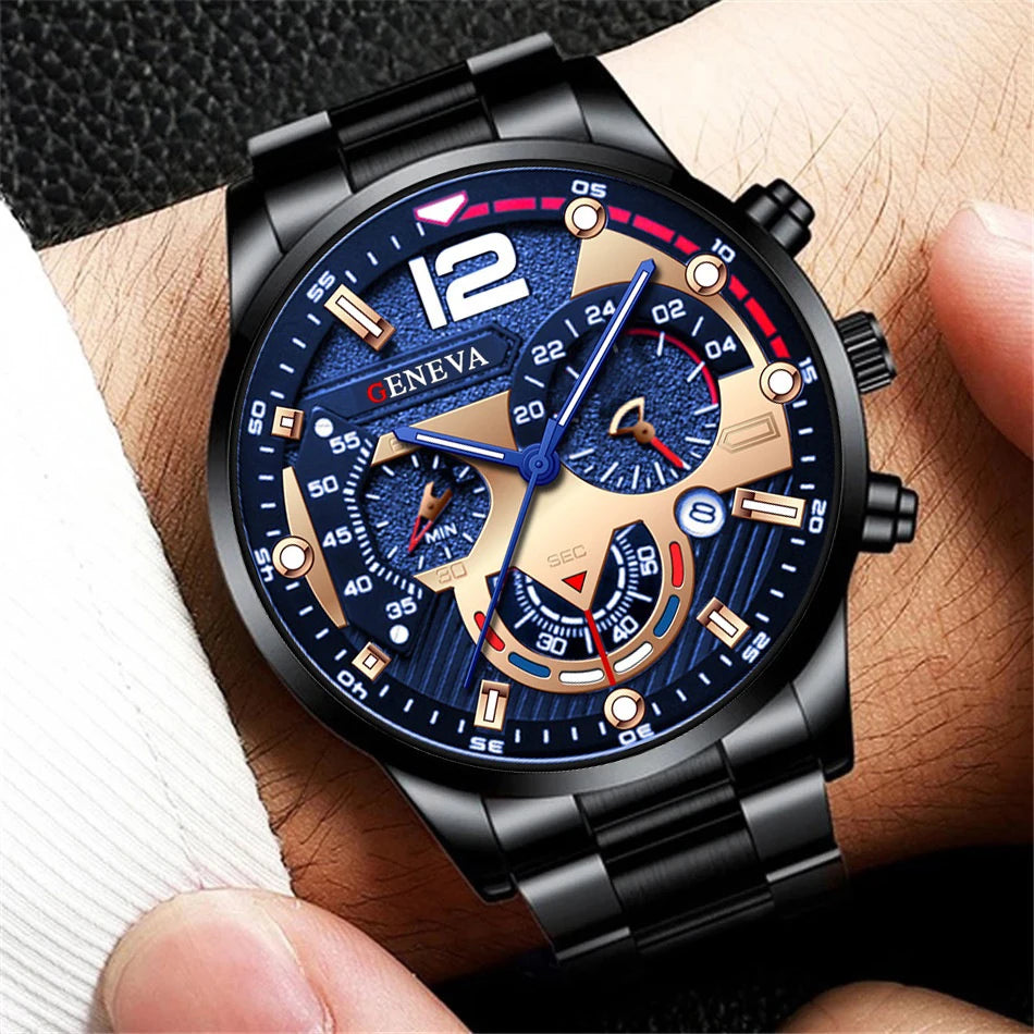 Montre-bracelet à quartz analogique pour homme avec bracelet en acier inoxydable et calendrier