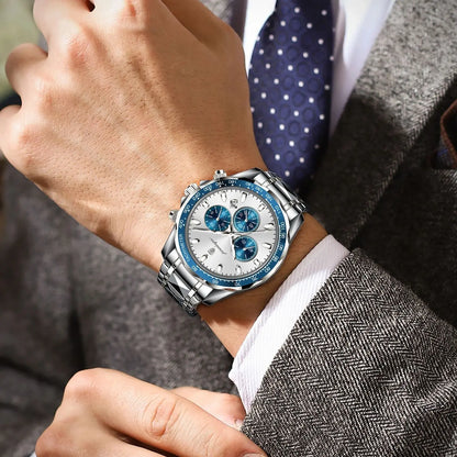 POEDAGAR Montre Homme Luxe Étanche Lumineuse en Acier Inoxydable Montre Chronographe à Quartz avec Date pour Homme d'Affaires
