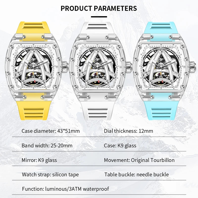 PINDU Designer Montre mécanique Tonneau creuse Homme Marque de luxe Squelette Automatique Montres Homme Sport Silicone Montre-bracelet JH3105
