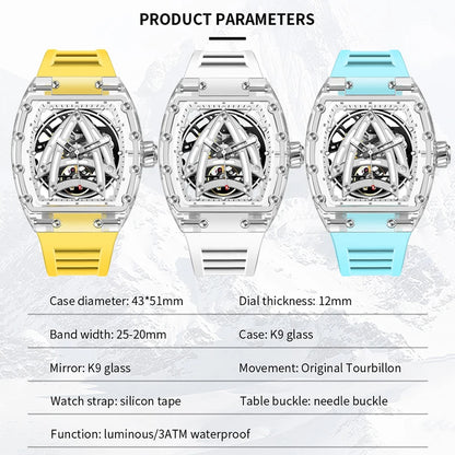 PINDU Designer Montre mécanique Tonneau creuse Homme Marque de luxe Squelette Automatique Montres Homme Sport Silicone Montre-bracelet JH3105
