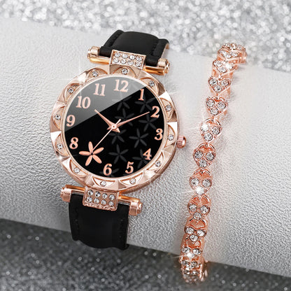 2 Pièces/Ensemble Montres Femme Bracelet Cœur Strass Ensemble Montre-Bracelet à Quartz en Cuir avec Cadran Fleur Tendance