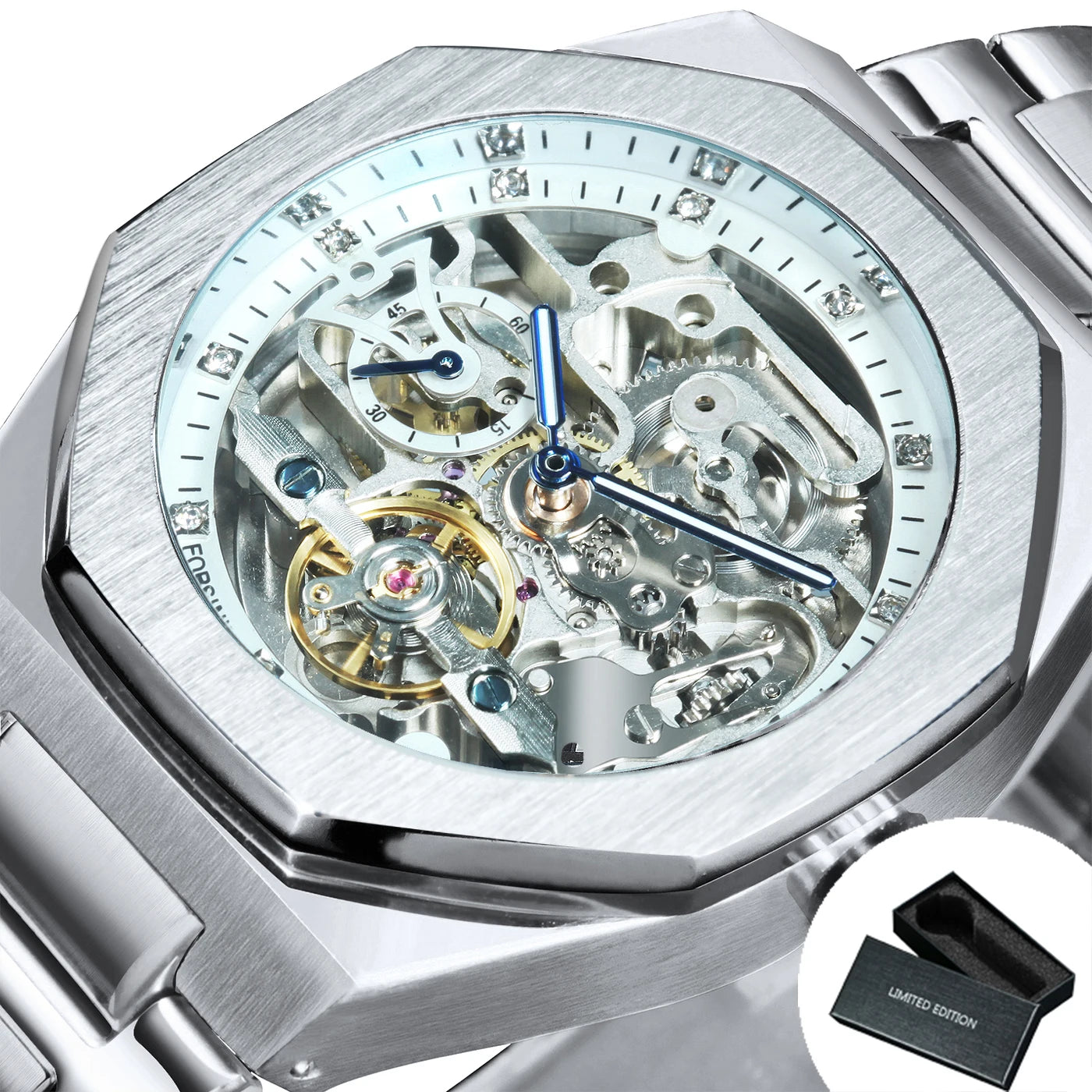 Forsining Montre automatique homme argentée 3D cadran diamanté Tourbillon irrégulier Squelette montres-bracelets mécaniques Aiguilles lumineuses Horloge