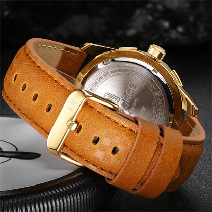 NAVIFORCE Montre Homme Tendance Or Luxe Sport Étanche Militaire Montre-bracelet Affaires Décontracté Bracelet en Cuir Date Horloge 9117