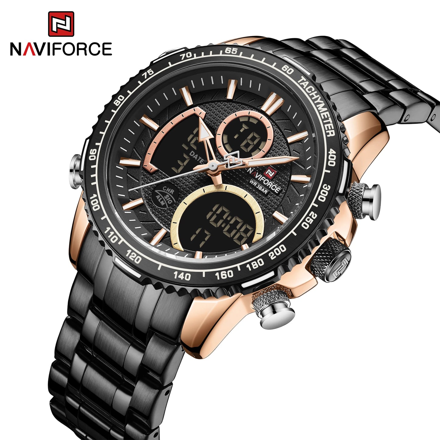NAVIFORCE Montre Homme Tendance Marque de Luxe Sport Chronographe à Quartz Étanche Militaire en Acier Inoxydable