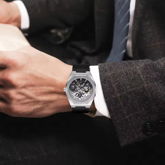 Luxury Brand Octagon Stainless Steel Skeleton Mechanical Man Watch Automatic Movement Clockwork Silicone Strap