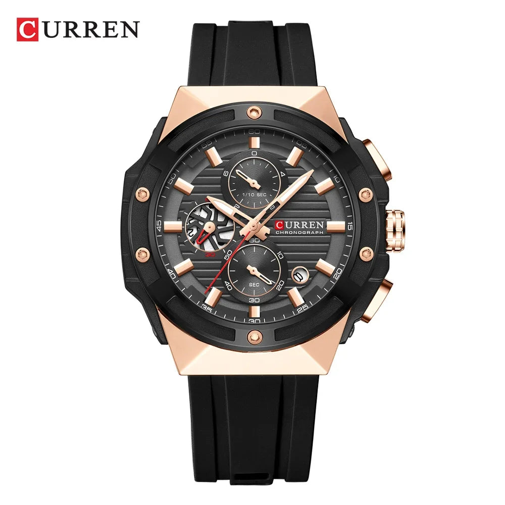 CURREN Montre à quartz multifonctionnelle de sport à la mode avec bracelet en silicone Cadran au design créatif Aiguilles lumineuses