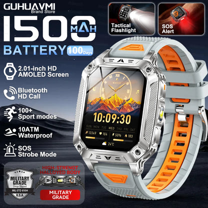 Montre Intelligente Militaire Homme 1500mAh Longue Autonomie Sport Extérieur Montre Connectée Homme Étanche 10ATM Fréquence Cardiaque Appel BT Grande Batterie