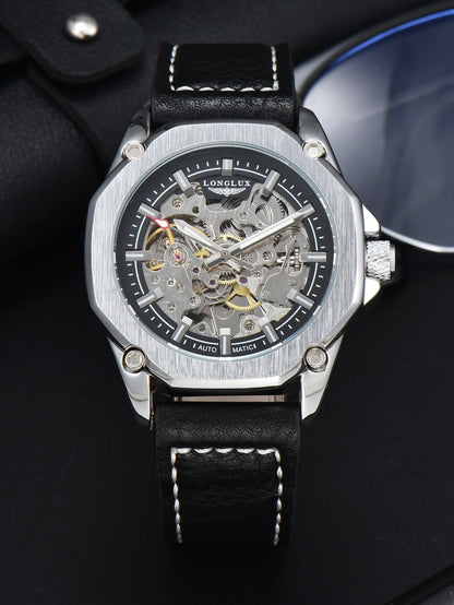 Men automatic watch waterproof sport skeleton mechanical watches outdoors fashion leather mens watch boyfriend gift