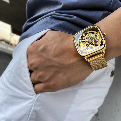 Forsining Montres mécaniques pour hommes, à remontage automatique, dorées transparentes, mode, maille acier, montre-bracelet squelette pour homme, chaude du moment