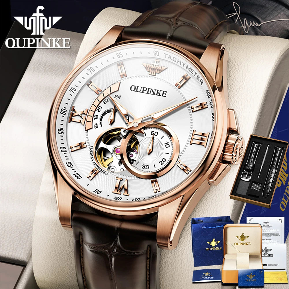 OUPINKE 3222  Original Automatic Men's Watch Genuine Leather Strap 5Bar Waterproof Japan Movement Gentleman Business Wristwatch