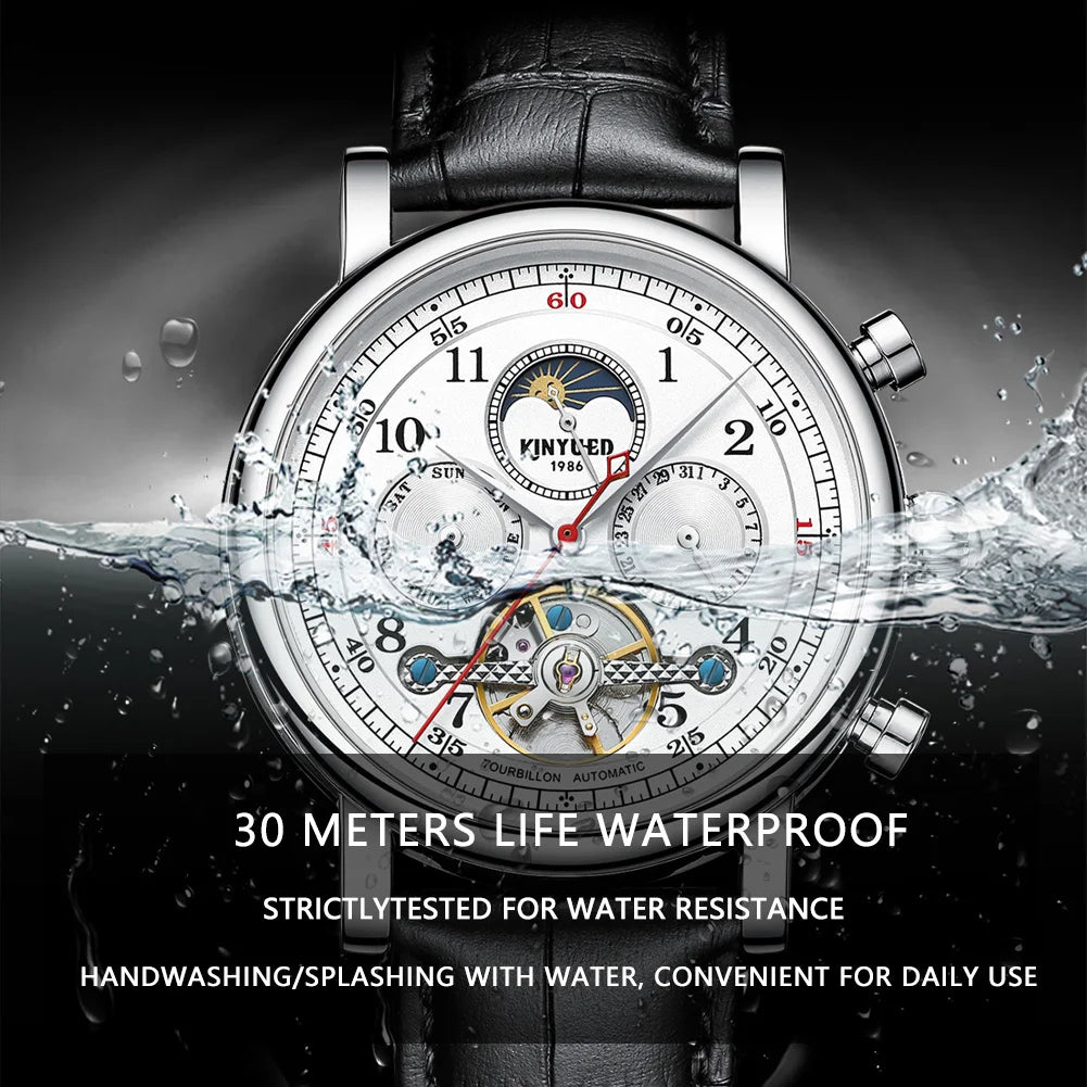 KINYUED Luxury Watches for Men Automatic Mechanical Moon Phase Men Watches Hollow Design Leather Strap Male Business Wristwatch