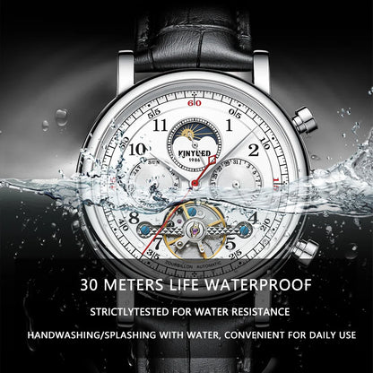 KINYUED Luxury Watches for Men Automatic Mechanical Moon Phase Men Watches Hollow Design Leather Strap Male Business Wristwatch