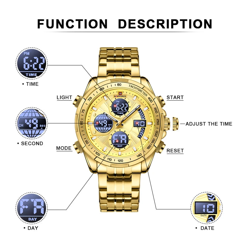 Montres de Luxe NAVIFORCE Or pour Homme Montre-bracelet Sport Militaire Numérique Quartz Bracelet Acier Étanche Lumineuse Réveil