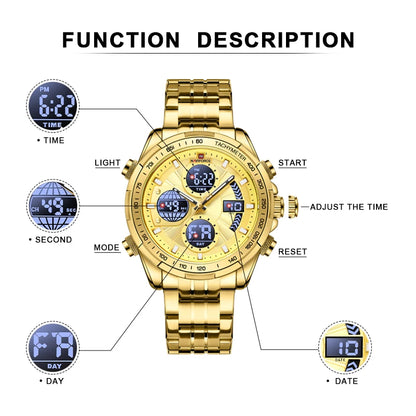 Montres de Luxe NAVIFORCE Or pour Homme Montre-bracelet Sport Militaire Numérique Quartz Bracelet Acier Étanche Lumineuse Réveil