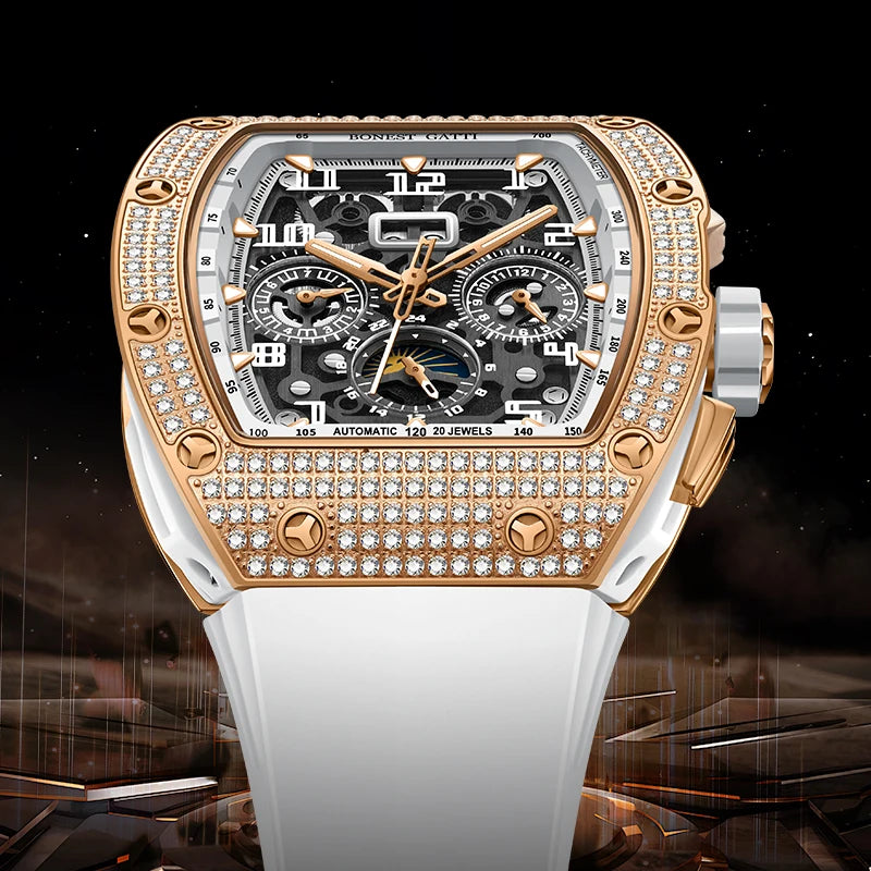 Montre Automatique BONEST GATTI Tonneau Mécanique Bracelet Caoutchouc Lunette Diamant Montres Pour Hommes