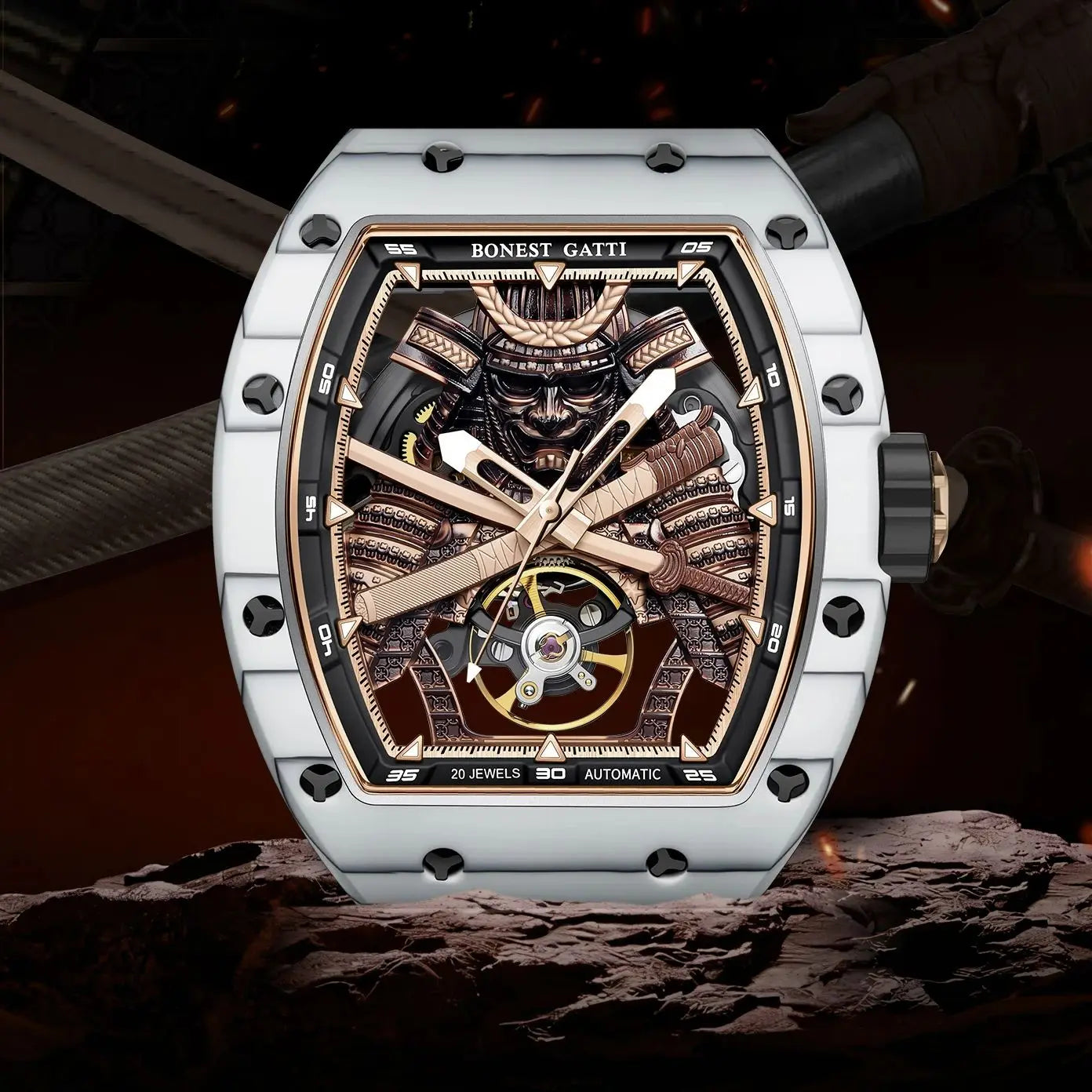 Montre automatique BONEST GATTI homme 42*54mm Tonneau Fibre de Carbone Montre mécanique Cadran Ninja Lumineux Verre Saphir