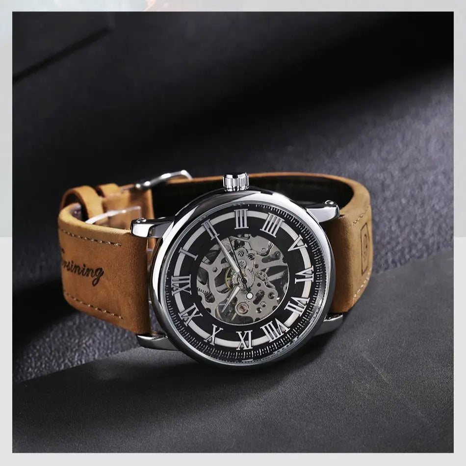 Montre bracelet Forsining Classique Squelette Remontage Manuel Aiguilles Lumineuses Montre Mécanique Homme Bracelet Cuir Marron Montre de Poignet Affaires