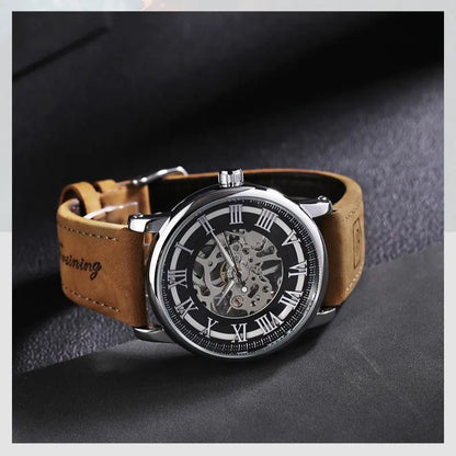 Montre bracelet Forsining Classique Squelette Remontage Manuel Aiguilles Lumineuses Montre Mécanique Homme Bracelet Cuir Marron Montre de Poignet Affaires