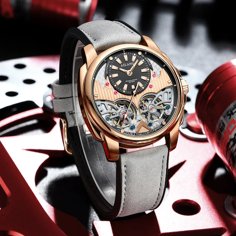 AILANG Business Mechanical Watches Men Top Brand Luxury Leather Waterproof Double Tourbillon Watch For Men Automatic Wristwatch
