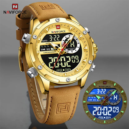 NAVIFORCE Montre-bracelet de luxe originale pour hommes, double fuseau horaire, sport, décontractée, chronographe, alarme, quartz, bracelet en cuir, étanche