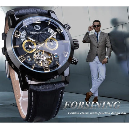 Montre mécanique automatique Forsining Tourbillon Fashion Wave noire et dorée multifonction pour homme, marque de luxe de qualité supérieure