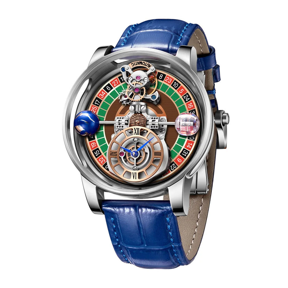 HAEMMER Celestial Roulette watch with transparent hollow dial and leather strap