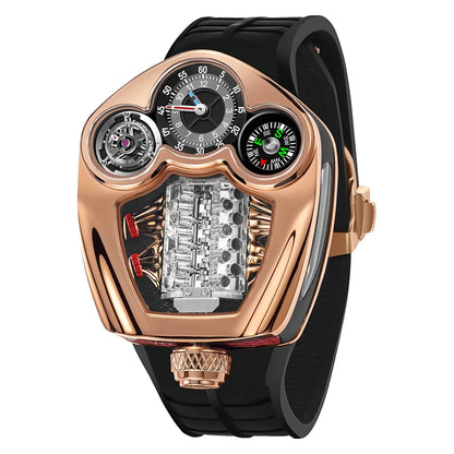 PINDU Engine Series Stainless Steel Compass Watch + Box