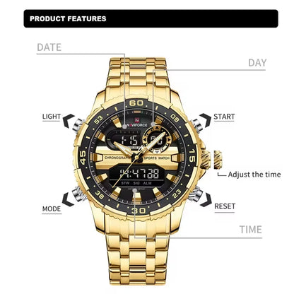 Montre homme NAVIFORCE de marque mode noir or, montres-bracelets de luxe à quartz, sport, étanche, bracelet en acier inoxydable NF9234