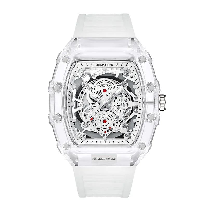 Montre Décontractée Tendance pour Homme Montre à Quartz pour Homme avec Cadran Lumineux, Fonction Calendrier, Bracelet en Silicone, Boîtier Transparent en Forme de Tonneau Reloj