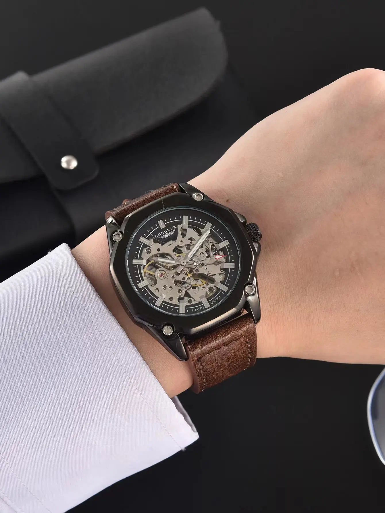 Men automatic watch waterproof sport skeleton mechanical watches outdoors fashion leather mens watch boyfriend gift