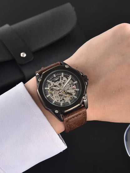 Men automatic watch waterproof sport skeleton mechanical watches outdoors fashion leather mens watch boyfriend gift